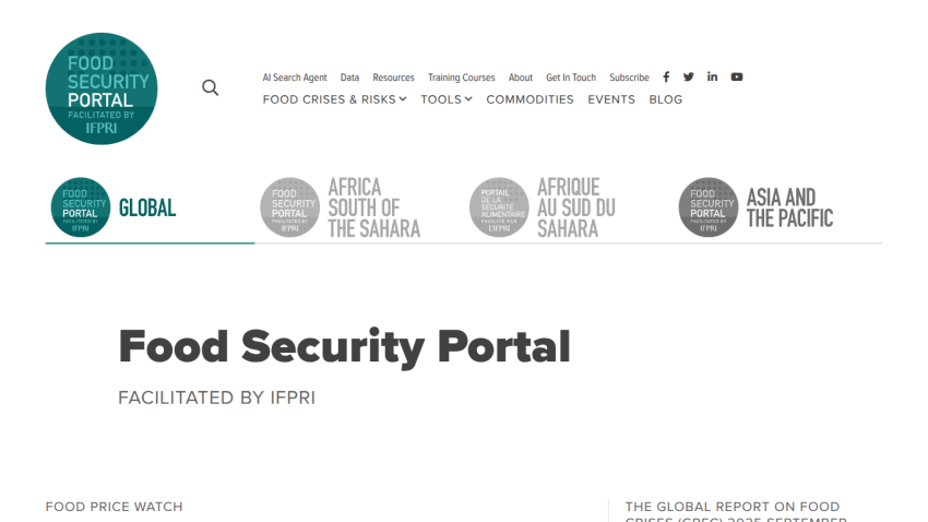 Food Security Portal homepage with navigation menu and regional sections, facilitated by IFPRI