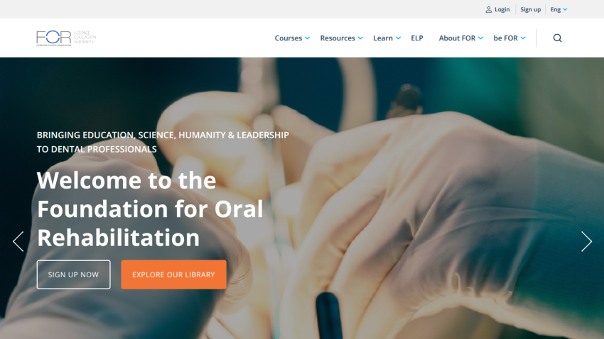 Foundation for Oral Rehabilitation homepage with navigation and call to action buttons for sign up and library exploration