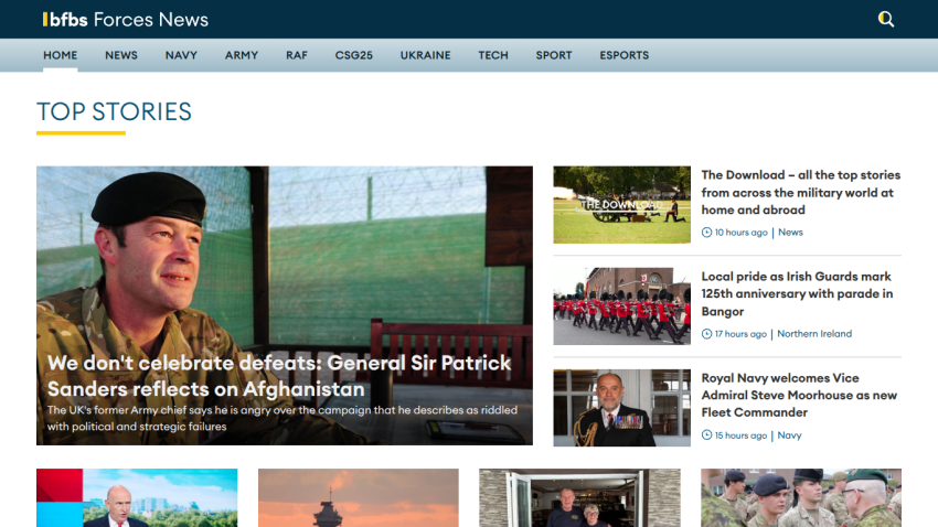 Homepage of Forces News featuring top stories and a prominent article on Afghanistan.