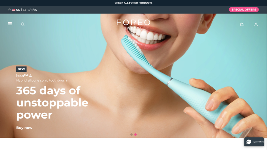 Homepage featuring a toothbrush with the tagline '365 days of unstoppable power'.