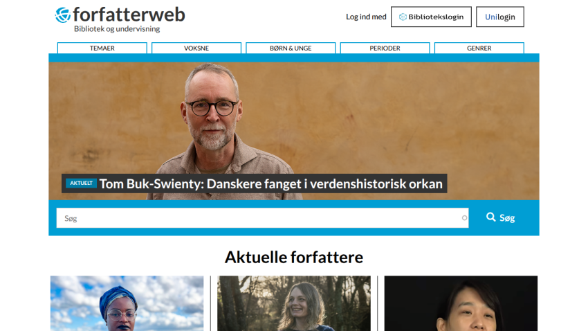 Forfatterweb homepage featuring a hero section about Tom Buk-Swienty and navigation for themes, adults, children, periods, and genres