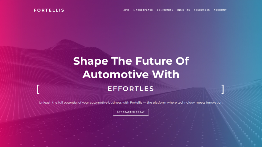 Fortellis automotive platform homepage with headline 'Shape The Future Of Automotive With Effortless Op' and a call to action button