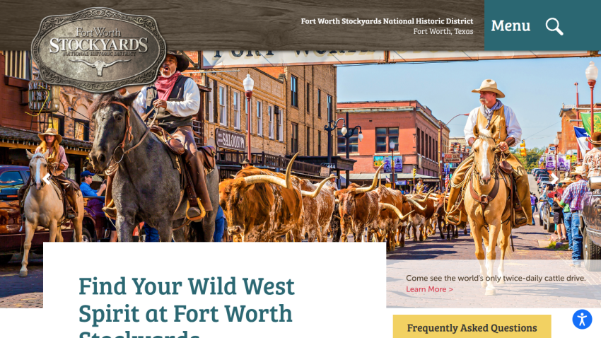 Fort Worth Stockyards National Historic District homepage with cowboy cattle drive scene and invitation to find your Wild West spirit