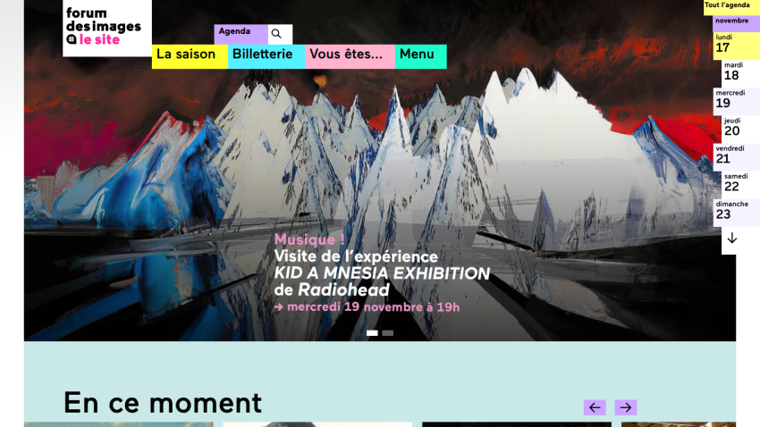 Forum des images site with navigation and hero promoting Radiohead Kid A Mnesia Exhibition visit on November 19 at 7pm.