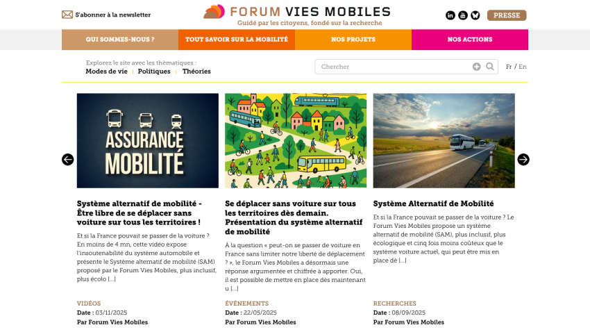 Forum Vies Mobiles homepage with navigation, search bar, and featured articles on alternative mobility systems in France