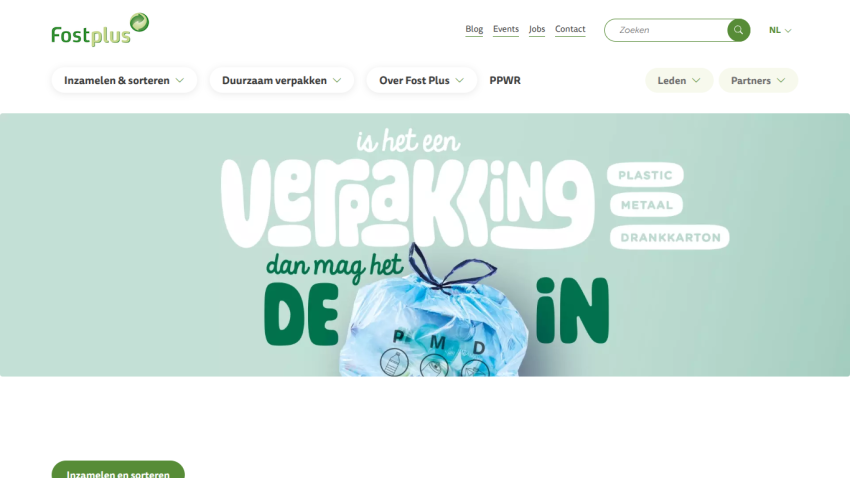 Fostplus website header with navigation and hero section promoting packaging recycling for plastic, metal, and drink cartons