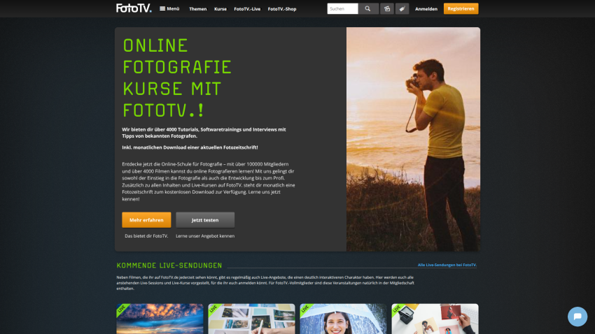Online photography courses offered by FotoTV with a prominent call to action.