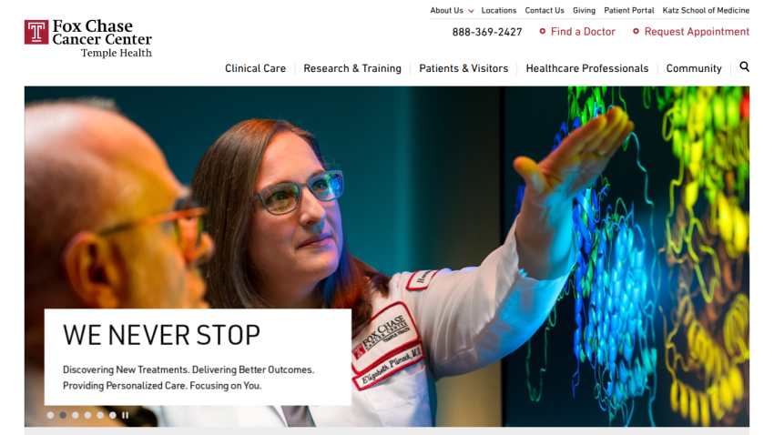 Homepage of Fox Chase Cancer Center featuring a doctor and the slogan 'WE NEVER STOP.'