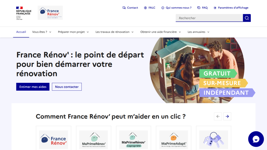 France Rénov' homepage offering renovation help with options to estimate aid and contact, featuring a family and renovation keywords