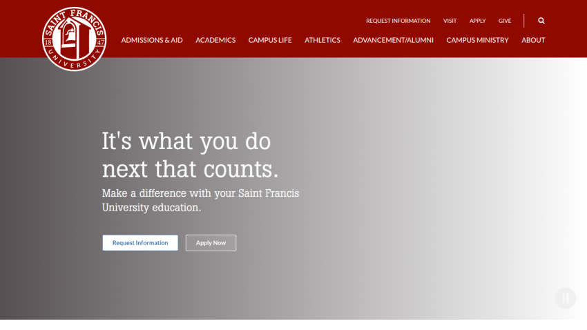 Saint Francis University homepage with navigation and call to action to request information or apply