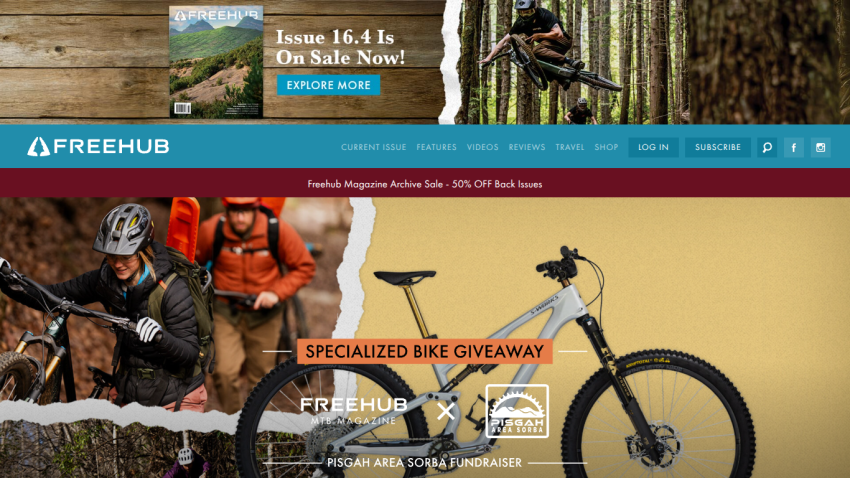 Freehub MTB Magazine homepage featuring a specialized bike giveaway and Pisgah Area Sorba fundraiser