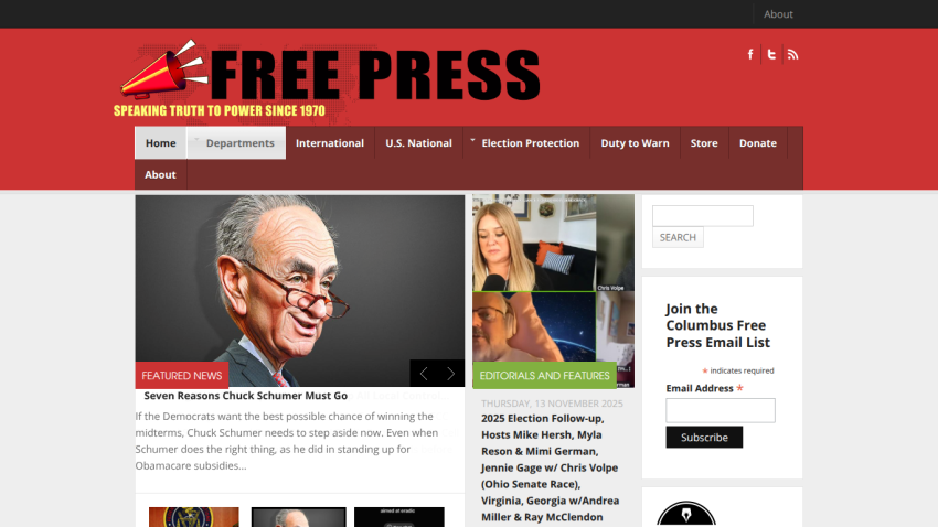 Free Press website with headline on Chuck Schumer and election follow-up editorials, navigation menu, and subscription form