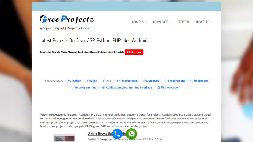 FreeProjectz website showing latest projects on Java, JSP, Python, PHP, .Net, Android with navigation and project tags