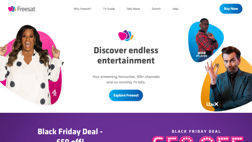 Freesat homepage promoting endless entertainment with 100+ channels and no monthly TV bills, featuring a Black Friday deal