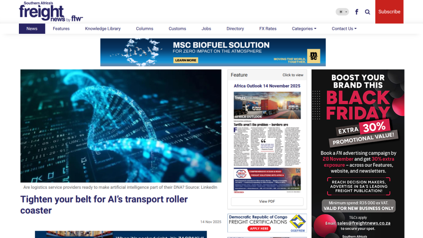 Southern Africa's Freight News homepage with AI transport article, Africa Outlook feature, and Black Friday ad