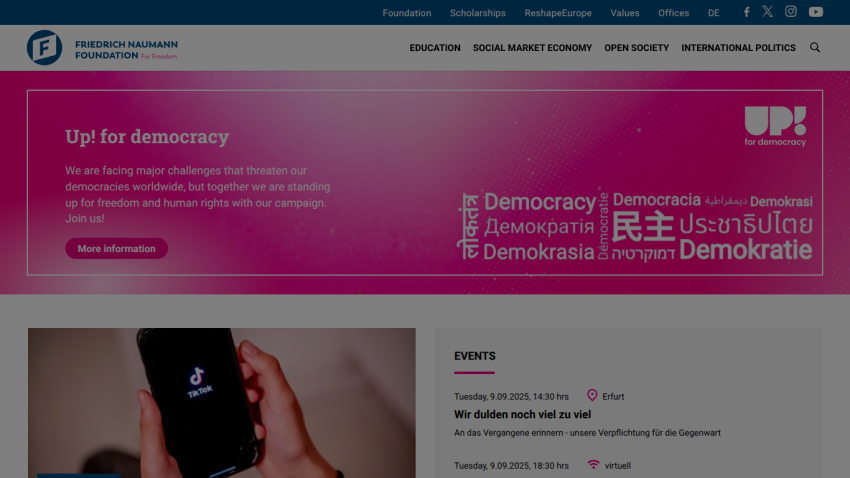 Website header promoting democracy with events listed below.