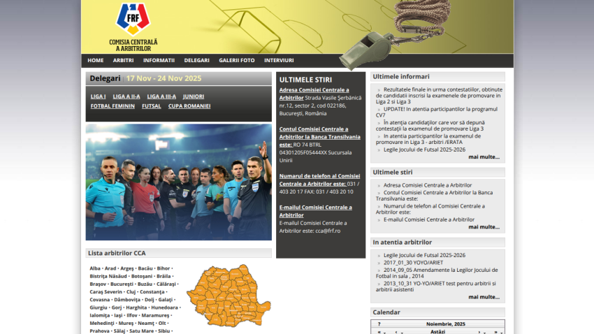 Central Commission of Referees website with navigation, news, referee list, and contact information for November 2025