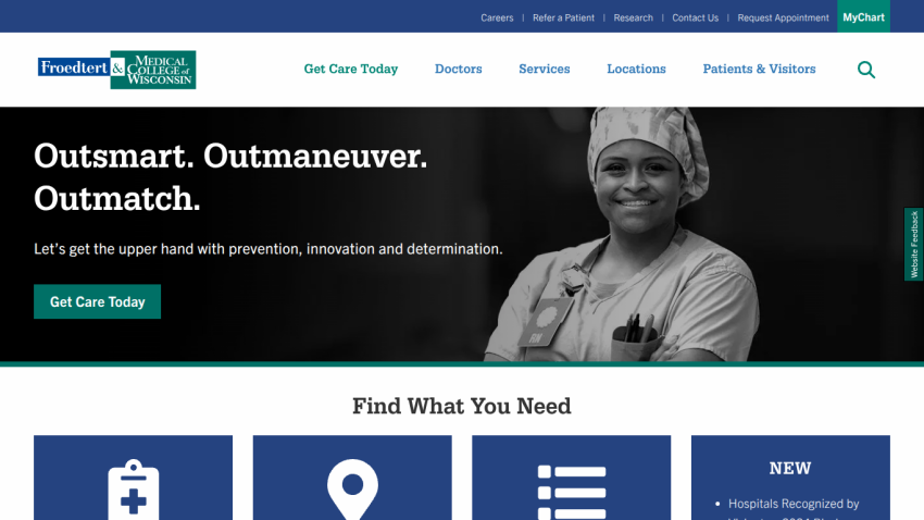Healthcare website featuring a smiling healthcare professional and a call to action for care services.