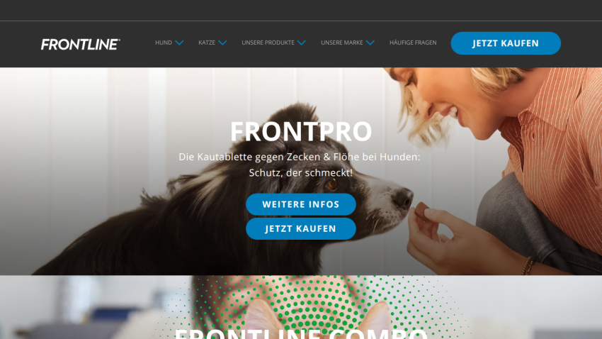 Frontline website hero section promoting FRONTPRO chewable tablet for dogs against ticks and fleas with info and buy buttons