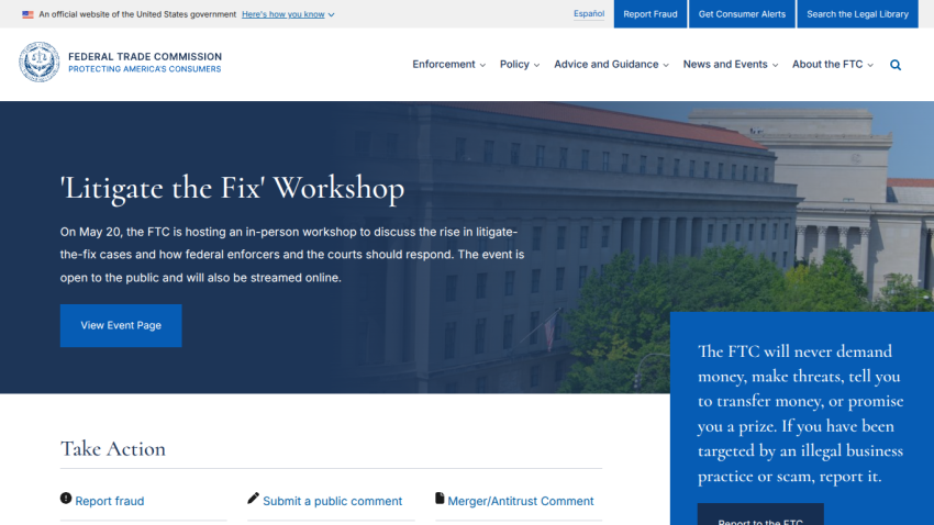 FTC workshop announcement with a call to action button and key information displayed.