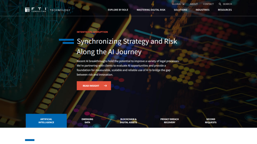 FTI Consulting Technology page highlighting AI strategy and risk with navigation and insight button