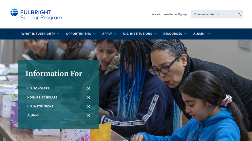 Fulbright Scholar Program homepage with navigation and information links for U.S. scholars, non-U.S. scholars, institutions, and alumni