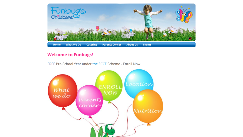 Funbugs Childcare website with navigation menu and welcome message about free pre-school year enrollment