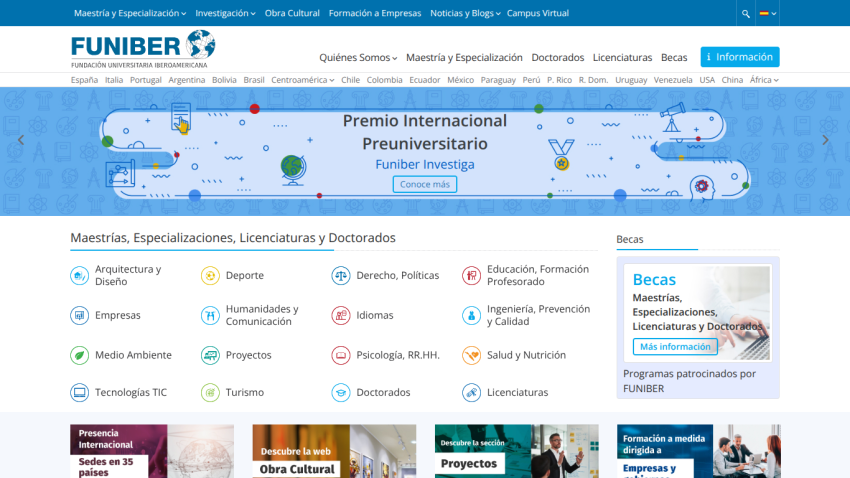 Funiber homepage showing international preuniversity award banner and categories for masters, specializations, and scholarships