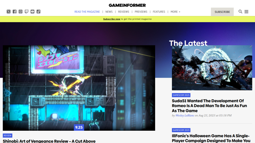 Game Informer homepage featuring a game review and latest news articles.