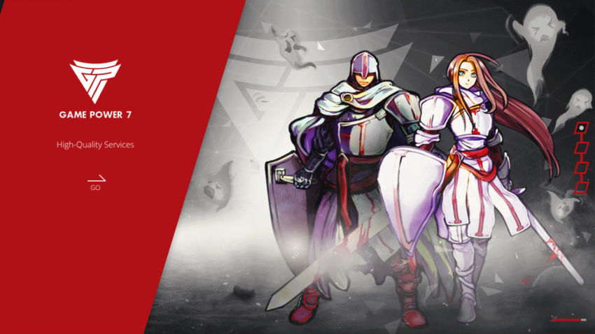 Game Power 7 website with logo, tagline High-Quality Services, and fantasy warrior characters in hero section