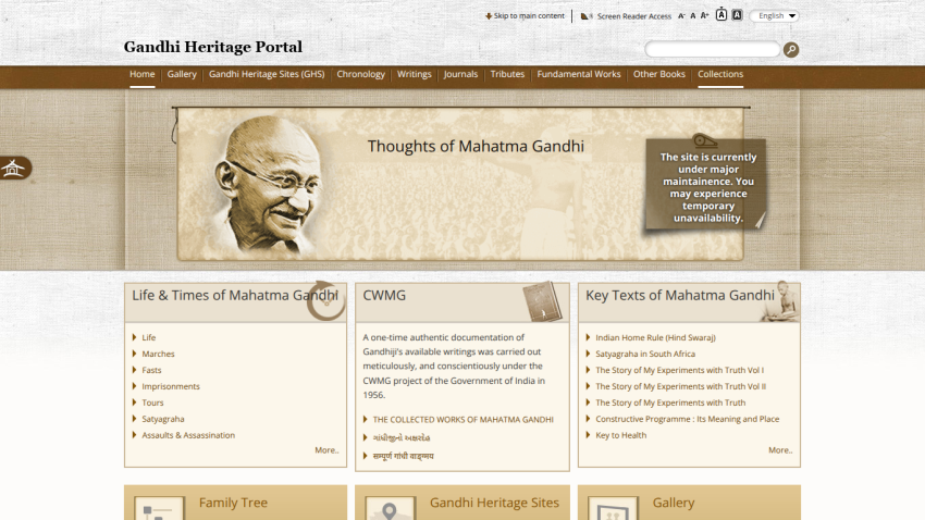 Homepage of Gandhi Heritage Portal featuring sections on Gandhi's life and key events.