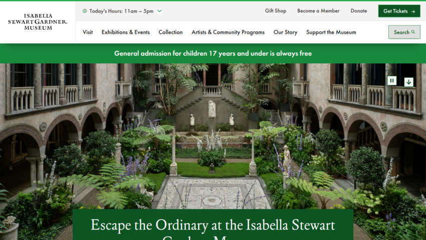 Homepage of Isabella Stewart Gardner Museum featuring a courtyard garden and admission information.