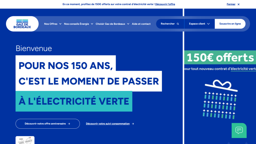 Gaz de Bordeaux homepage promoting 150 years anniversary with offer to switch to green electricity and navigation menu