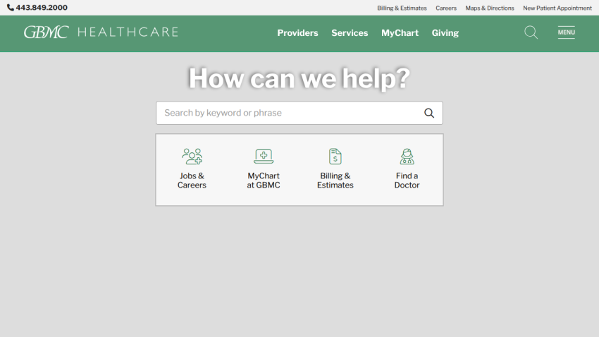 GEMC Healthcare homepage with search bar and navigation options for jobs, MyChart, billing, and finding a doctor