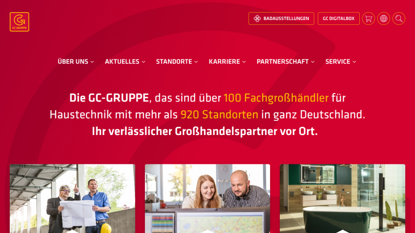 GC-GRUPPE wholesale partner with over 100 specialists and 920 locations in Germany, featuring navigation and hero images