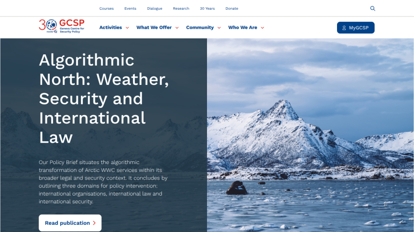 Geneva Centre for Security Policy homepage featuring policy brief on Arctic weather, security, and international law with snowy mountain background