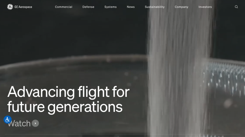 Homepage featuring the tagline 'Advancing flight for future generations' and a watch button.