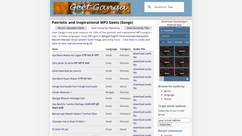 Website displaying a list of MP3 songs with download links and a header.