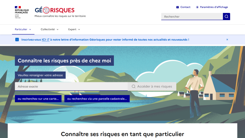French government site Géorisques homepage with search for local risk information and navigation menu