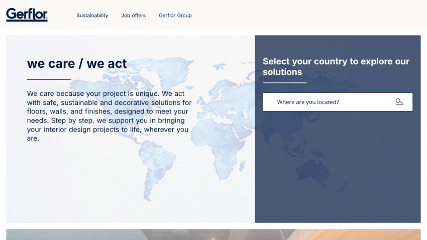 Gerflor homepage with sustainability and job offers links, message about safe and decorative solutions, and country selection search