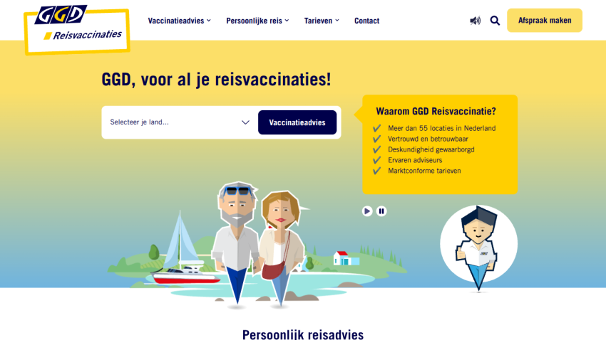 GGD Reisvaccinaties homepage offering travel vaccination advice with country selector and benefits listed.
