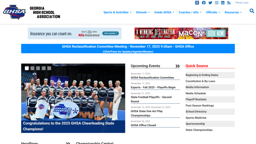 Georgia High School Association homepage with news, upcoming events, and congratulatory cheerleading champions banner