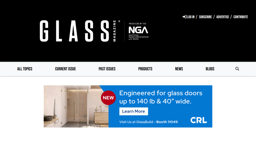 Glass Magazine homepage with navigation and a hero banner advertising engineered glass doors up to 140 lb and 40 inches wide