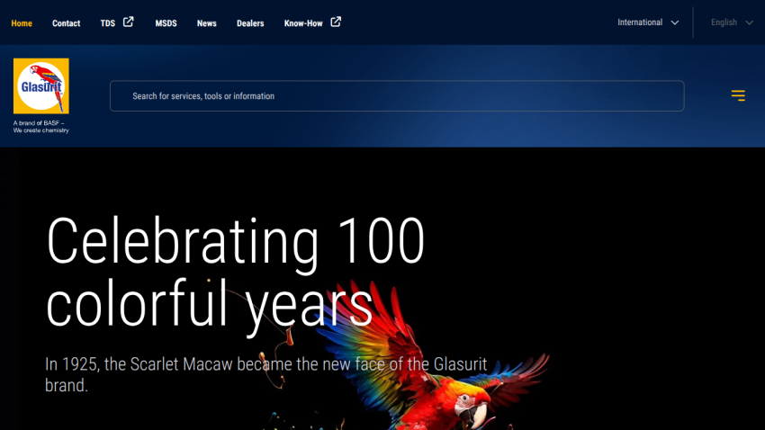 Glasurit website celebrating 100 colorful years with Scarlet Macaw as brand face since 1925