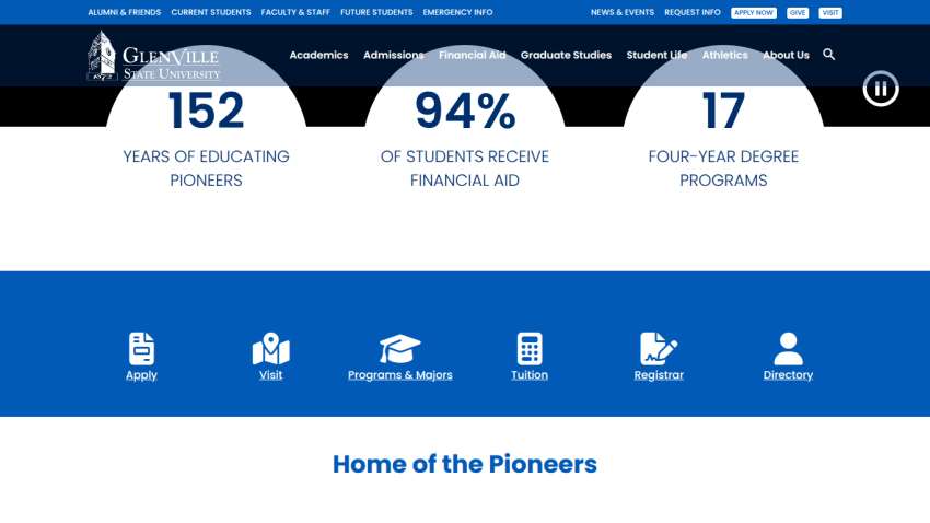 Glenville State University homepage with stats on years educating pioneers, financial aid, and degree programs