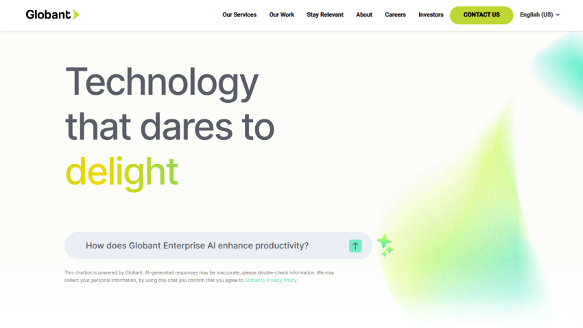Homepage featuring the tagline 'Technology that dares to delight' and a call to action for productivity enhancement.