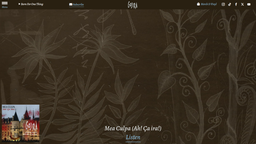 Gojira band website with album Mea Culpa (Ah! Ça ira!) and listen link on a decorative background