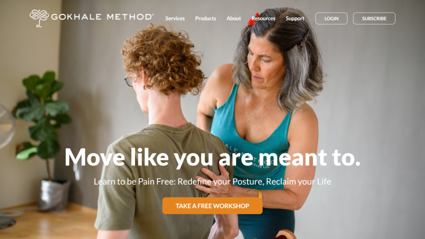 Gokhale Method homepage with navigation and call to action for a free workshop on pain-free posture