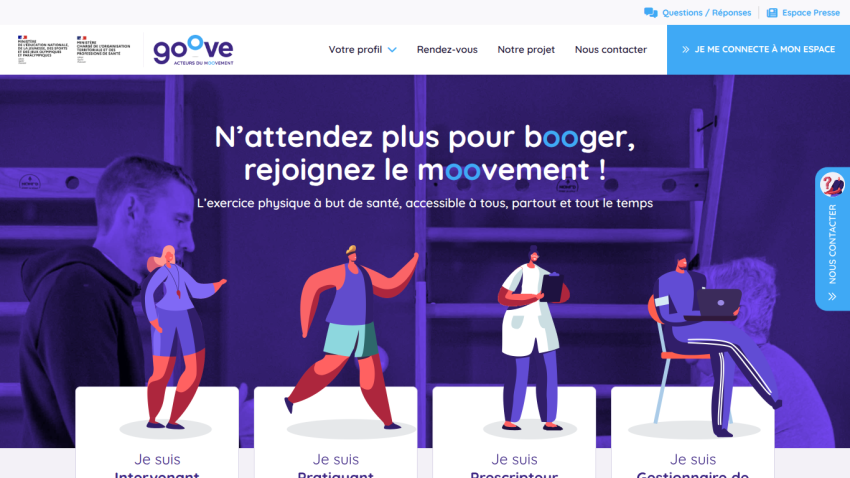 French health exercise website encouraging joining the movement with profile, appointment, project, and contact options