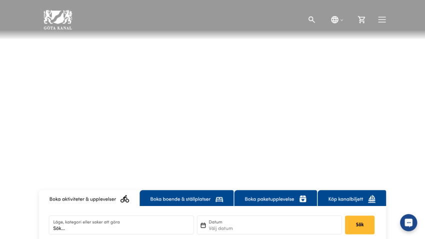 Göta Kanal website with navigation and booking options for activities, accommodations, packages, and tickets